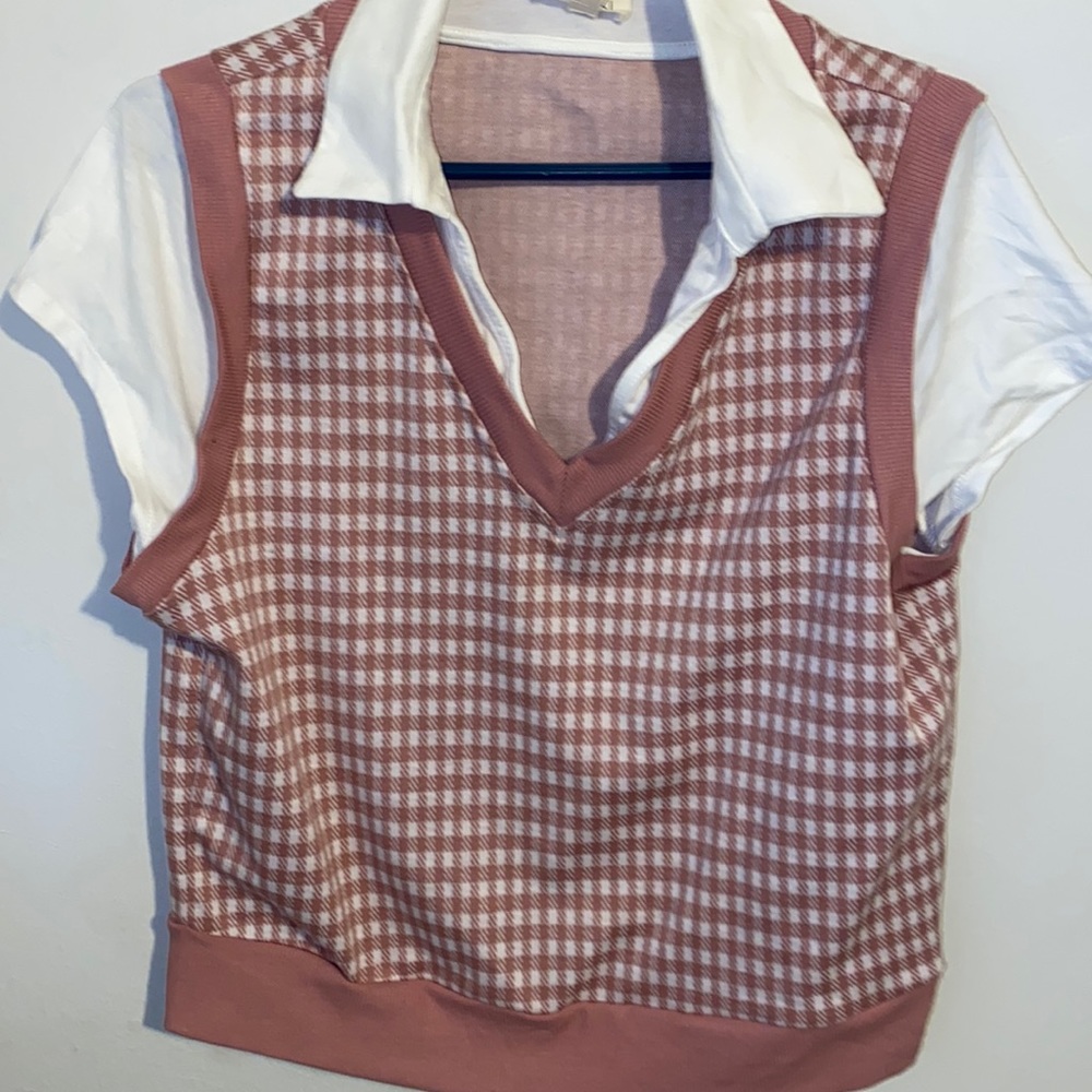 Girl’s XL, plaid, mauve colored shirt.